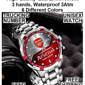 Personalize ARSENAL Football Team Logo with your Name or a small text, Japanese Quartz Movement, Tachymeter, Graduate Bezel & Markers, 3 hands, Waterproof 3Atm, in 6 Different Colors