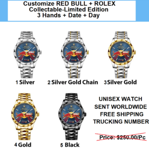 Customize RED BULL + ROLEX+ Max Verstappen, Limited Edition, Japan Quartz 3 hands Movement Alloy Watch, Waterproof, Date plus Day, 5 Different Colors