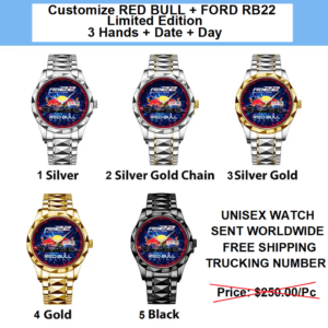 Customize RED BULL + FORD RB22, Limited Edition, Japan Quartz 3 hands Movement Alloy Watch, Waterproof, Date plus Day, 5 Different Colors