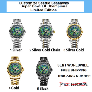 Customize Seattle Seahawks Super Bowl LX Champions, Limited Edition, Japan Quartz 3 hands Movement Alloy Watch, Waterproof, Date plus Day, 5 Different Colors